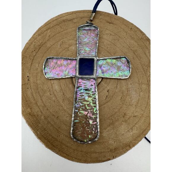 Vintage Stained Glass Cross Necklace Color Block Clear & Blue Design 6” - Picture 3 of 3